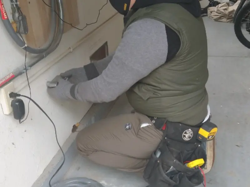 Electrician performing outlet wiring in a South Hadley garage